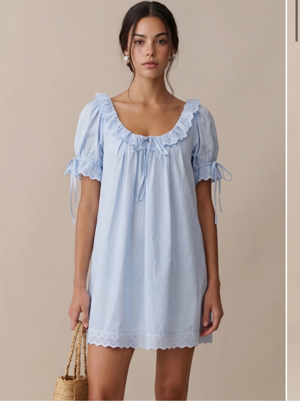 Light Blue Eyelet-Trim Mini Dress with Puff Sleeves